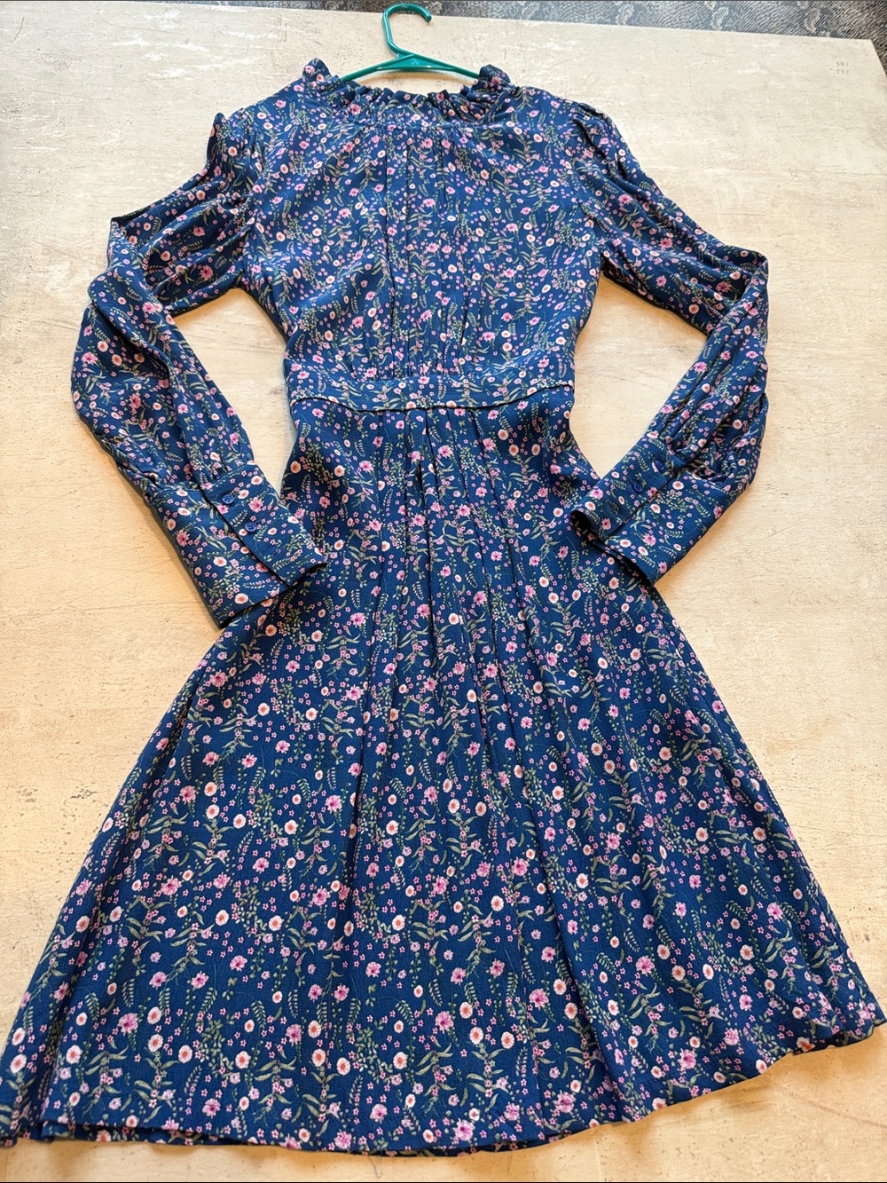 Girls Navy Floral Long-Sleeve Fit & Flare Dress with Pink Accents